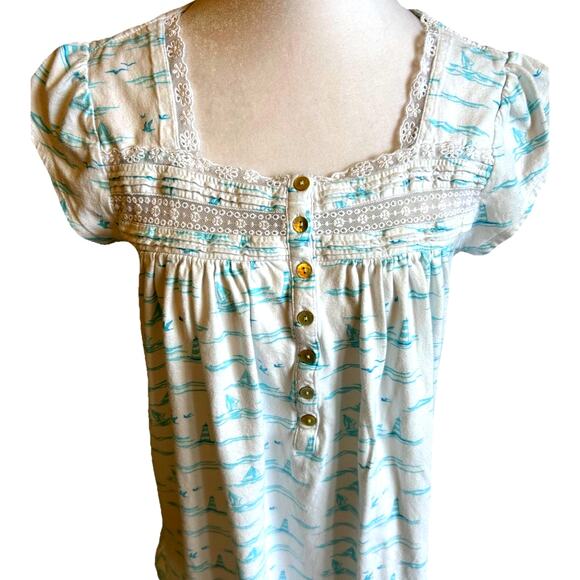 Eileen West Babydoll Nightgown XS-S Nautical Sailboat Coastal Pjs Lace Cottage - Picture 2 of 15